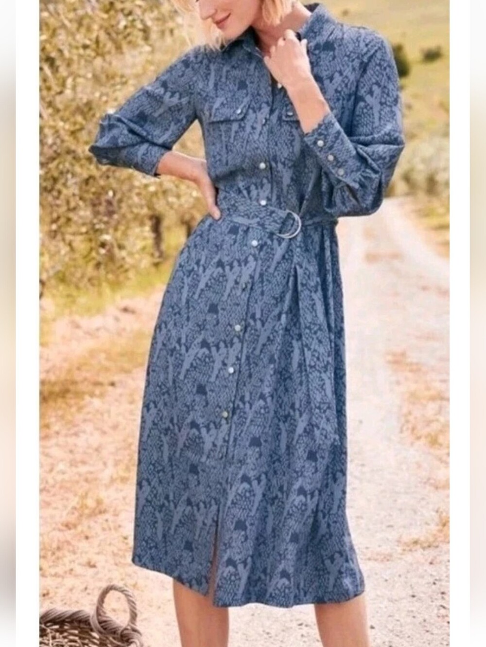 Soft Surroundings Irina Blue Patterned Long Sleeve Belted Midi Dress